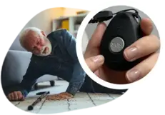 Senior pressing Senior Protection's medical alert button during emergency for fast assistance
