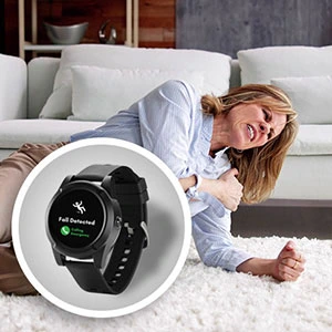 Senior using smartwatch with medical alert features and real-time fall detection in Canada