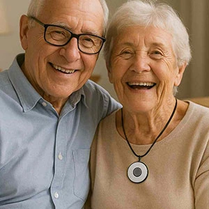 Seniors wearing the pendant from the LTE-enabled medical alert system for seniors with fall detection in Canada
