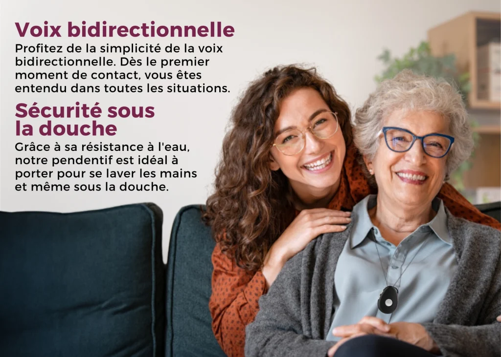 Fille heureuse avec sa mère âgée portant des pendentifs d’alerte médicale pour leur sécurité au Canada