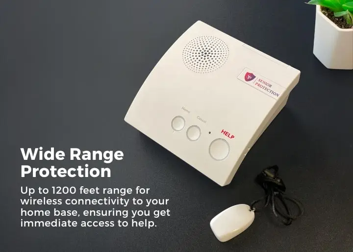 Landline-based Senior Protection medical alert system on desk for home safety in Canada