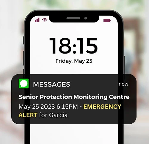 Mobile phone showing Senior Protection emergency alert notification
