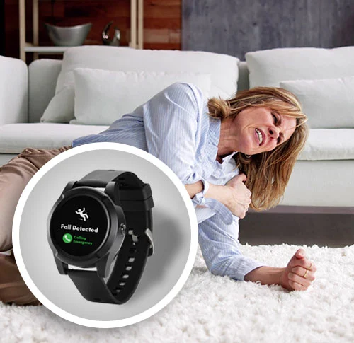Montre intelligente affichant une alerte de chute détectée pour une intervention d’urgence