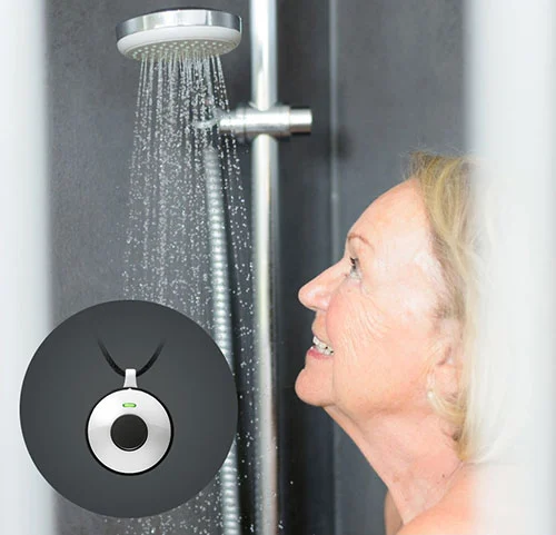 Senior woman in shower wearing the waterproof medical alert pendant